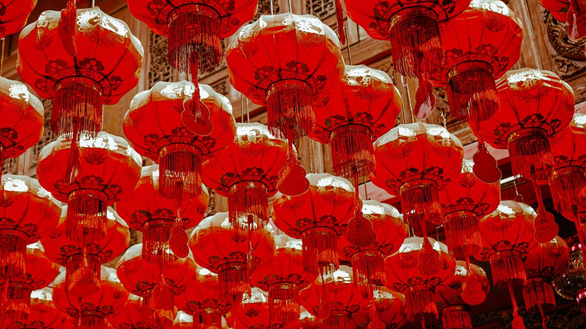 Red lanterns hanging in rows for a Lunar New Year celebration